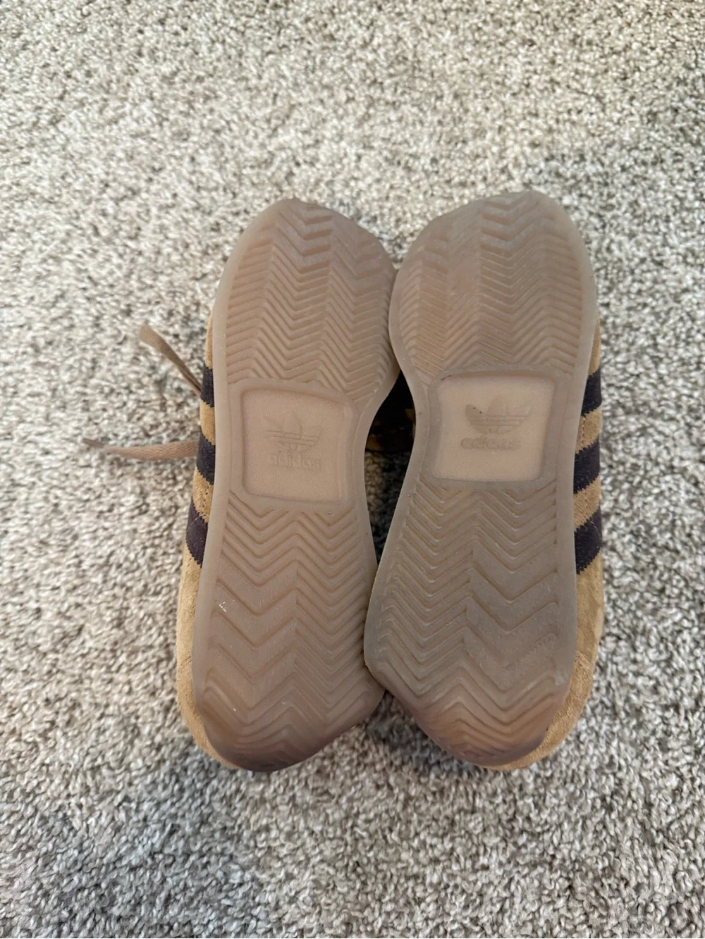 adidas Women’s Suede Sneakers — Tan with Dark Brown Stripes